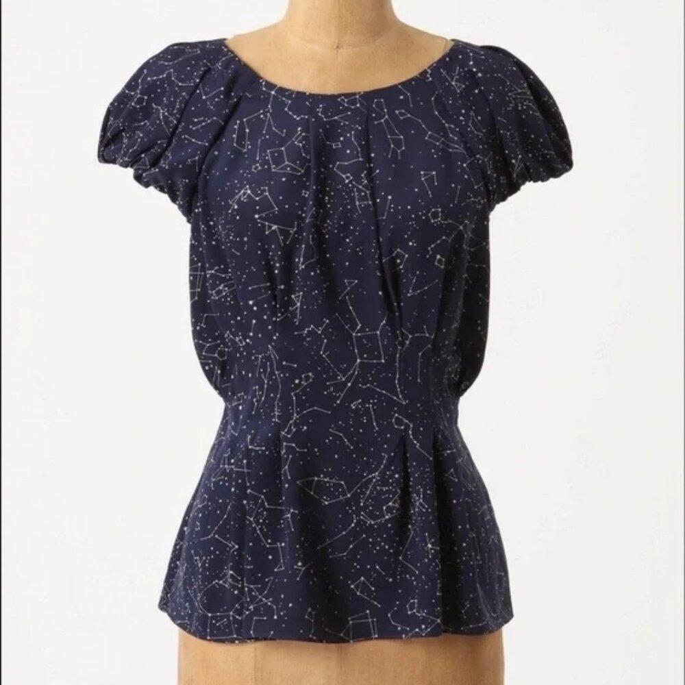 Anthropologie | Maeve Navy Constellation Print Blouse with Cap Puff Sleeves